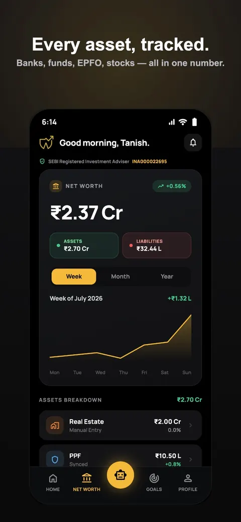 Every asset, tracked. Banks, funds, EPFO and stocks — all in one number.